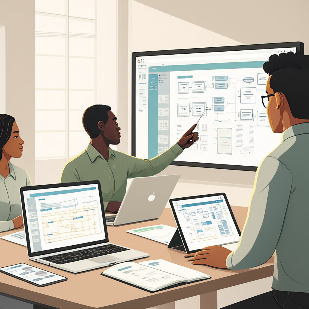 Эффективное написание внутренней документации: команда обсуждает структуру базы знаний за офисным столом.