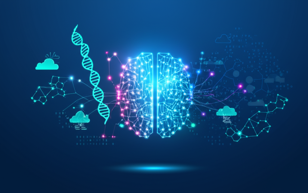 Абстрактная визуализация, где научные датасеты представлены в виде светящейся нейронной сети, соединяющей различные области знаний.