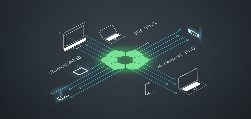 Схематическая инфографика, иллюстрирующая node.js user agent руководство по парсингу данных с разных устройств.