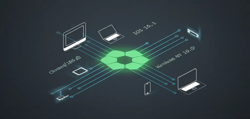 Схематическая инфографика, иллюстрирующая node.js user agent руководство по парсингу данных с разных устройств.