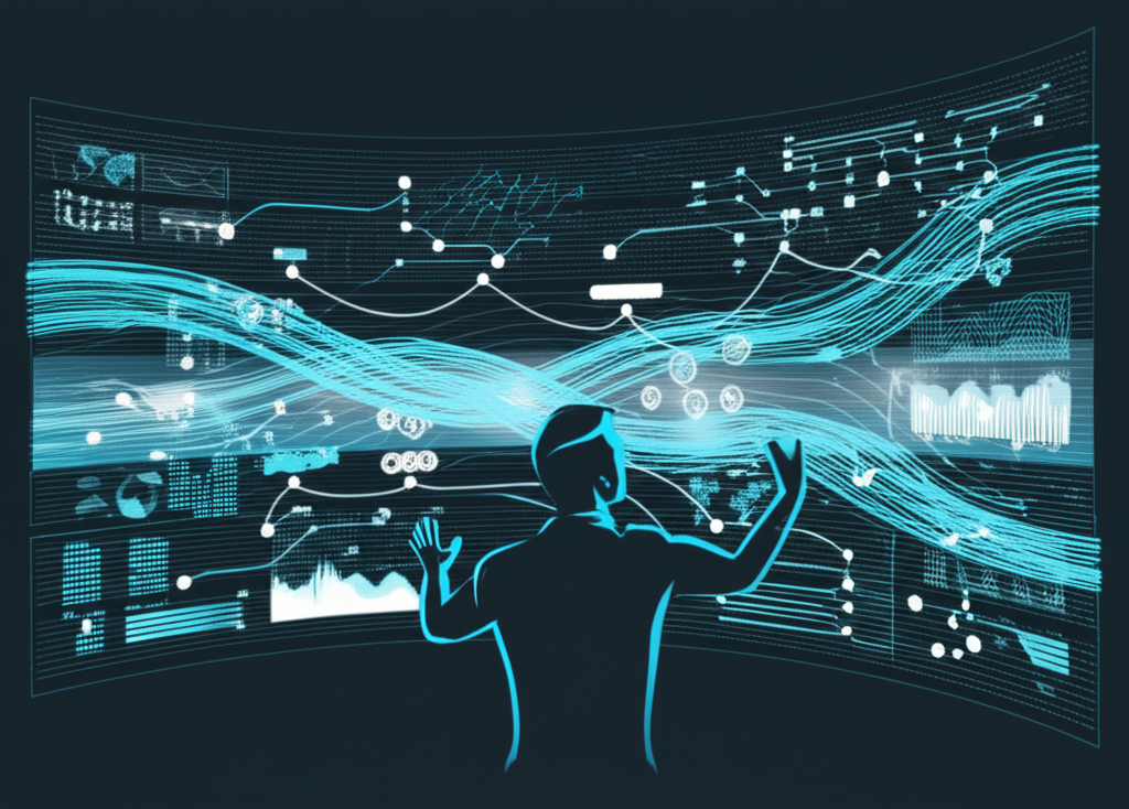 Специалист выполняет обновление датасета, взаимодействуя с футуристичным цифровым интерфейсом с потоками данных.