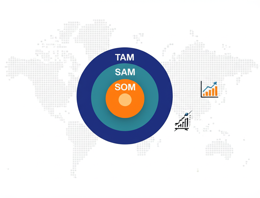 Инфографика, иллюстрирующая Общий адресуемый рынок TAM как рассчитать, с кругами TAM, SAM, SOM на фоне карты.