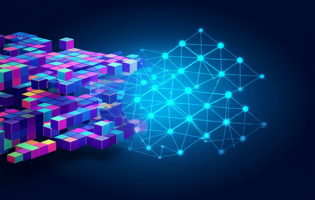 Абстрактная визуализация нейронной сети, в которую поступает структурированный обучающий датасет.