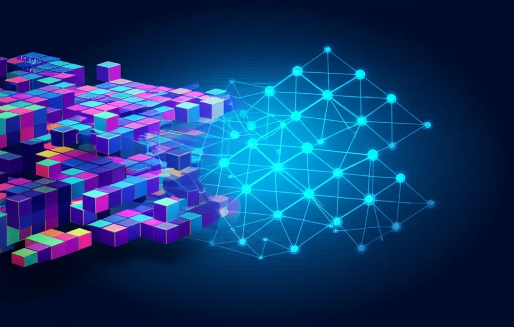 Абстрактная визуализация нейронной сети, в которую поступает структурированный обучающий датасет.