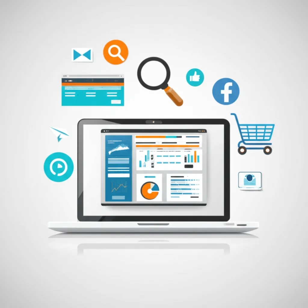 Инфографика, где показана онлайн реклама все что нужно знать: ноутбук с графиками и иконками каналов продвижения.