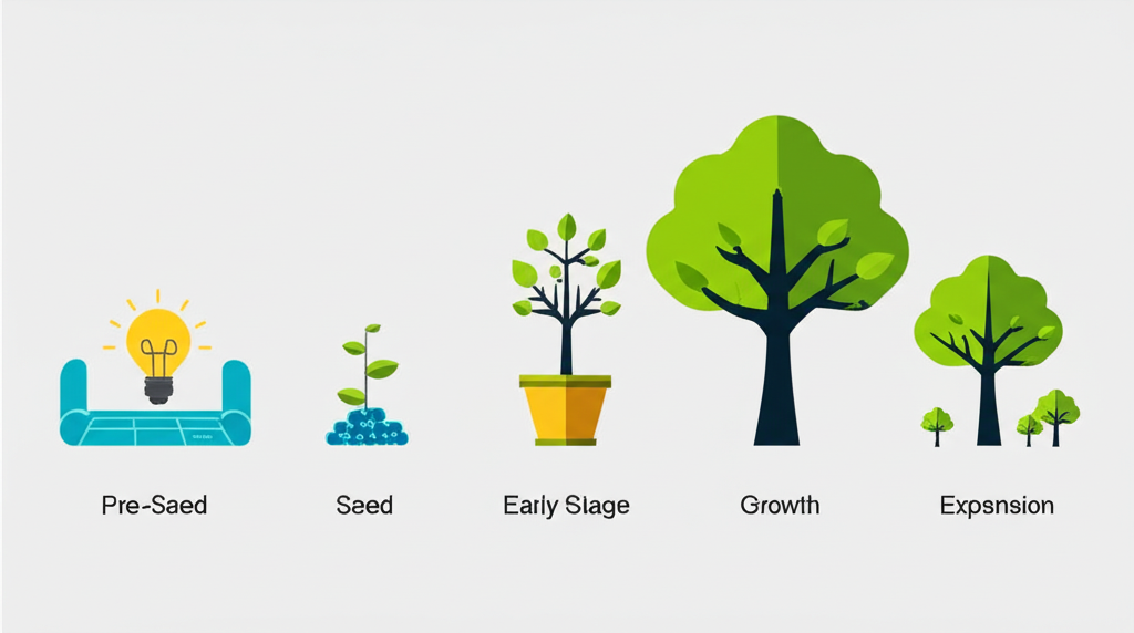 Основные этапы развития стартапа в виде инфографики, показывающей рост от идеи до большой компании.