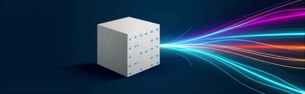Иллюстрация перехода от данных в покое к данным в движении: реал-тайм аналитика в виде потоков информации.