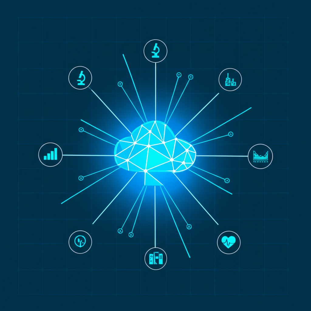 Абстрактная визуализация концепции, где открытые датасеты связывают различные сферы деятельности
