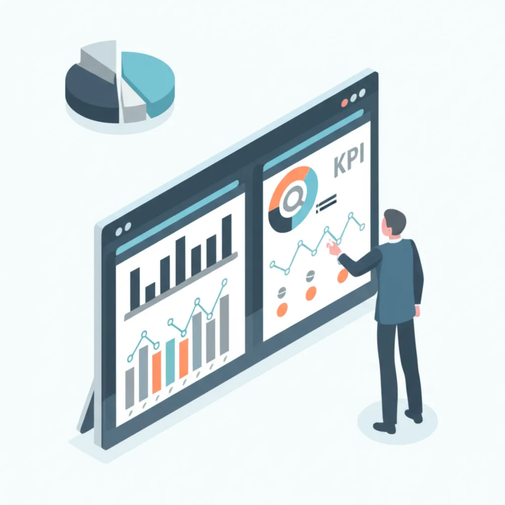 Инфографика, иллюстрирующая отслеживание хода маркетинга через дашборд с ключевыми метриками.