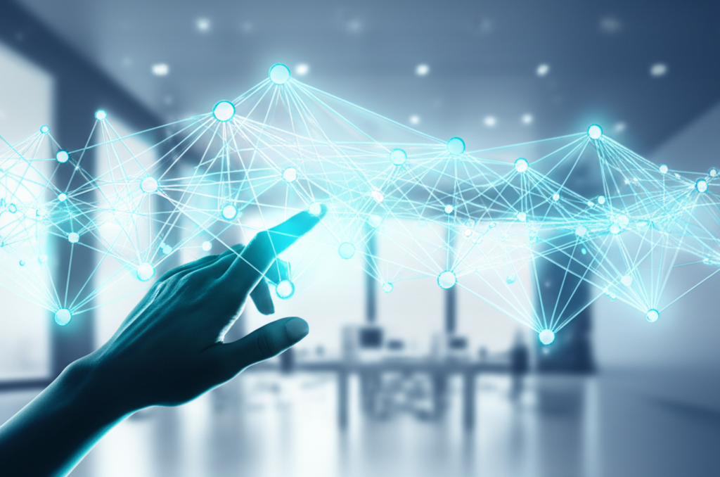 Человеческая рука взаимодействует с цифровым интерфейсом, символизируя ответственное использование генеративного ИИ