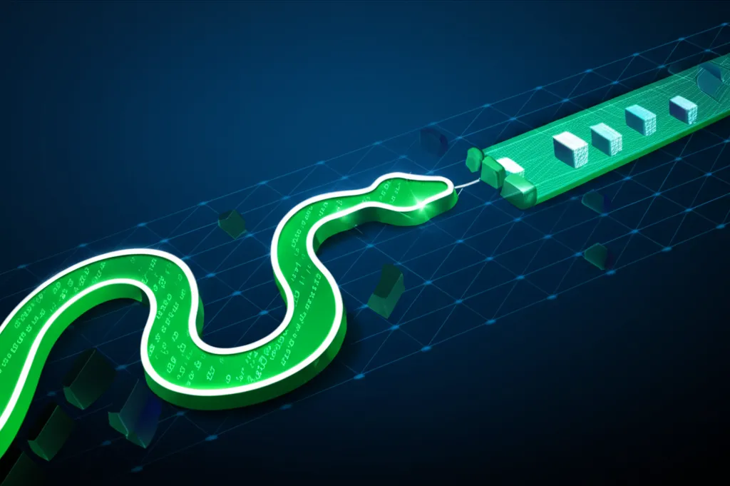 Абстрактная визуализация процесса, где парсер на питон собирает и структурирует данные из сети.