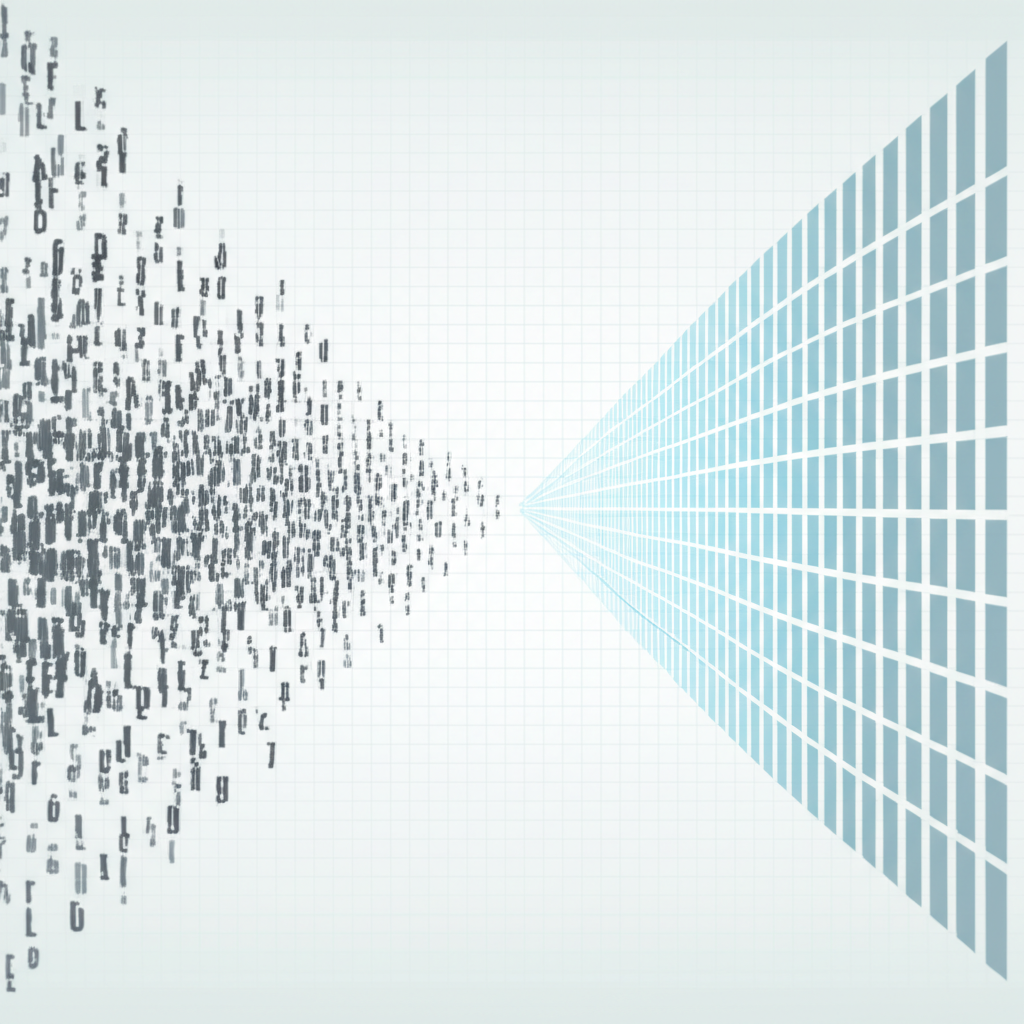 Абстрактная визуализация, где парсер текста преобразует хаотичные данные в структурированную информацию