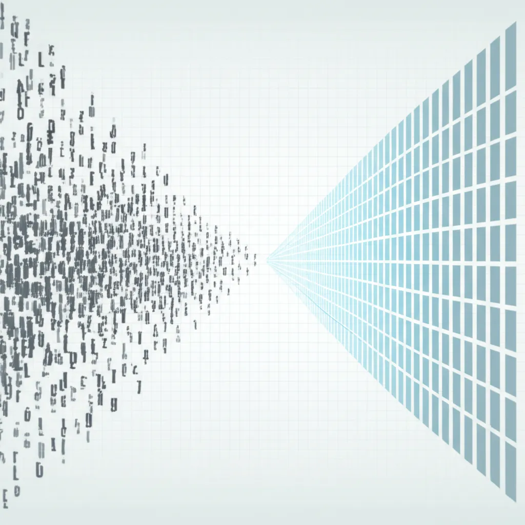 Абстрактная визуализация, где парсер текста преобразует хаотичные данные в структурированную информацию