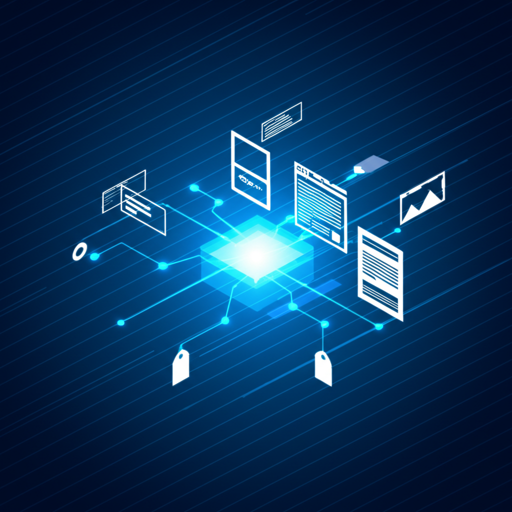 Абстрактная визуализация, где выполняется парсинг информации с сайта для сбора и анализа данных.