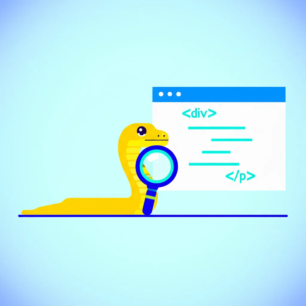 Иллюстрация, символизирующая парсинг пайтон: змея-питон анализирует HTML-код веб-страницы.