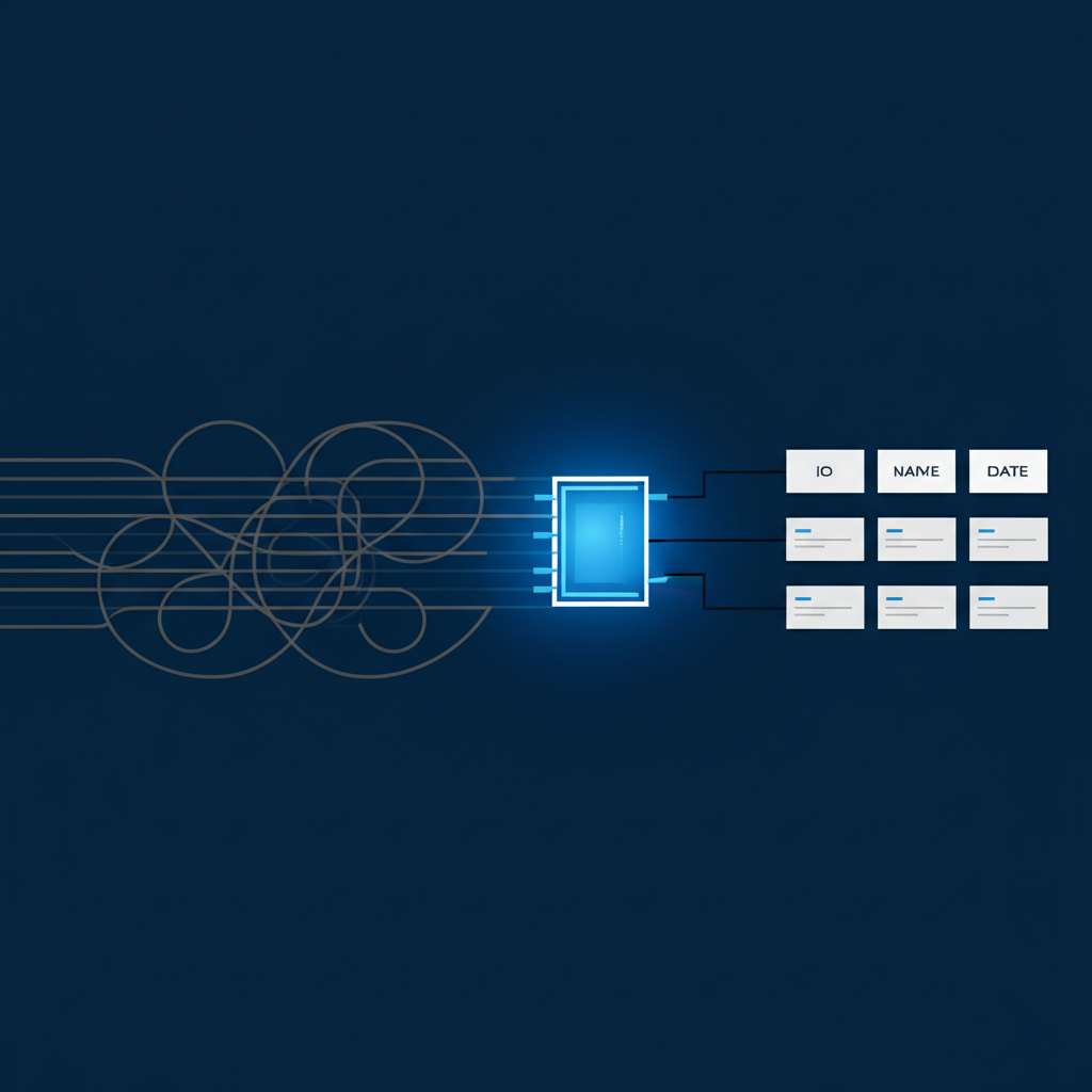 Абстрактная визуализация, демонстрирующая парсинг строки с преобразованием хаотичного текста в структурированные данные.