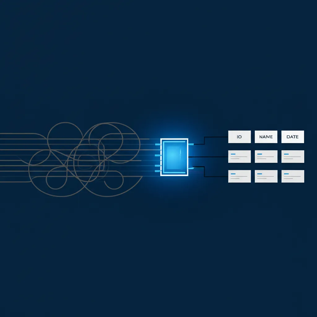 Абстрактная визуализация, демонстрирующая парсинг строки с преобразованием хаотичного текста в структурированные данные.