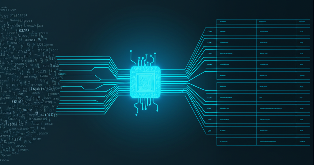 Визуальная схема, объясняющая, что парсинг текста это процесс преобразования хаотичных данных в структурированные таблицы.