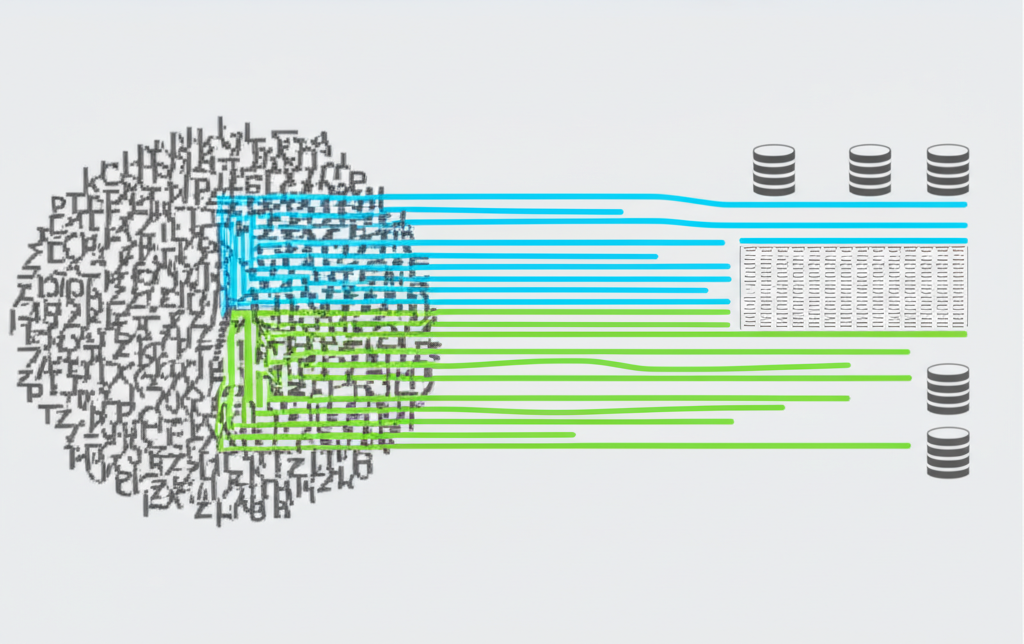 Визуализация технологии, где происходит парсинг текста из хаотичного набора данных в упорядоченную структуру.
