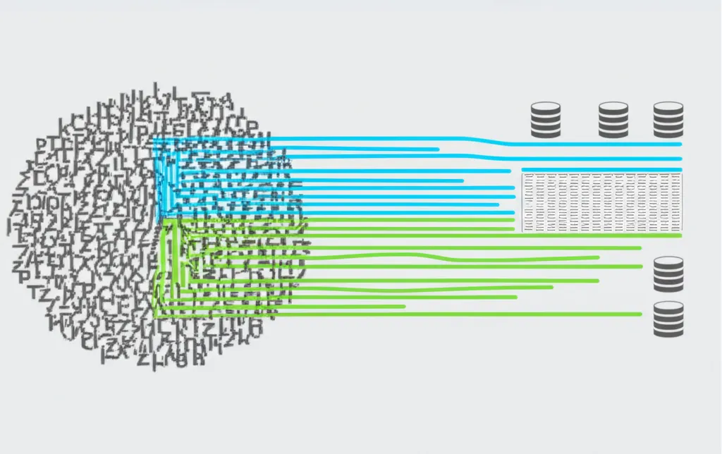 Визуализация технологии, где происходит парсинг текста из хаотичного набора данных в упорядоченную структуру.