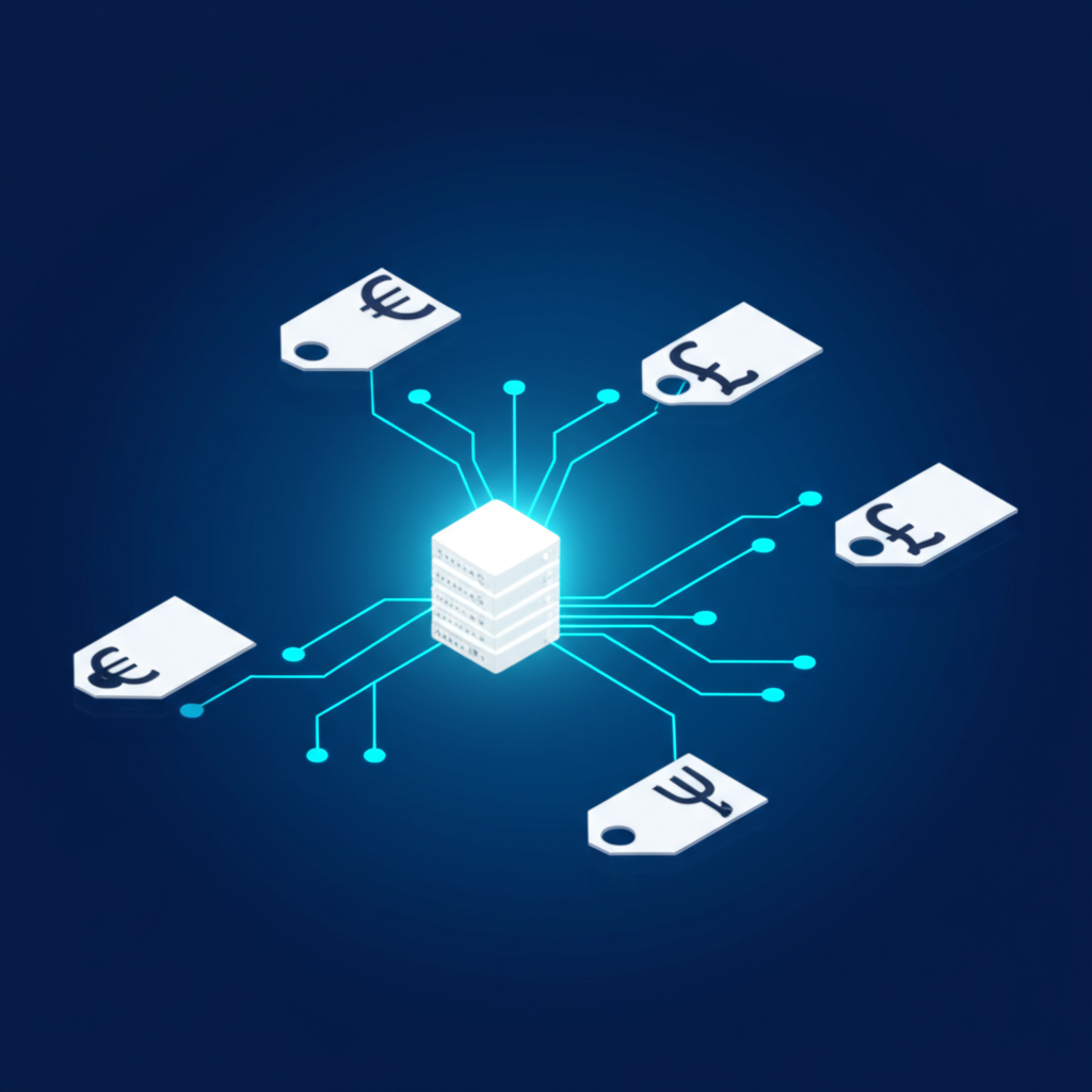 Иллюстрация, объясняющая парсинг цен что это: потоки данных, идущие к центральному серверу от значков цен.