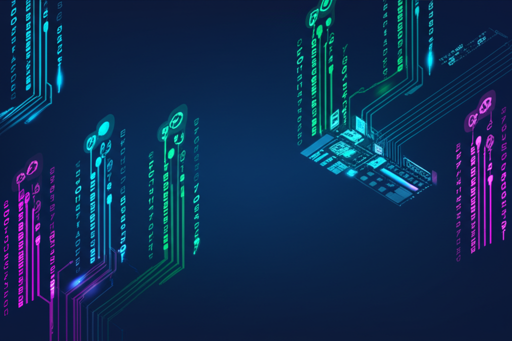 Абстрактная схема, которая показывает, что парсинг цен это сбор данных с разных сайтов в единую систему анализа.