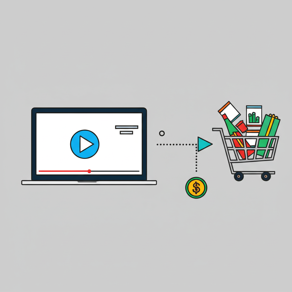 Схематичное изображение, иллюстрирующее партнерский маркетинг YouTube 2025: от видео на экране к покупке и доходу.
