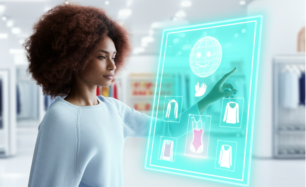 Персонализированный ИИ в ритейле: ваш личный шоппер помогает клиенту в современном магазине.