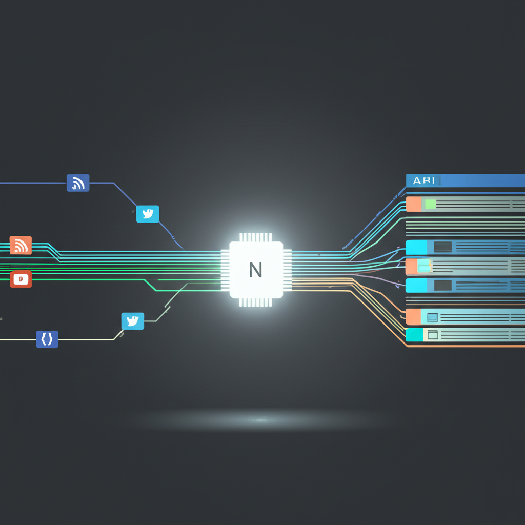 Схематичное изображение процесса, где создается персональная новостная лента с n8n, собирая данные из разных источников.