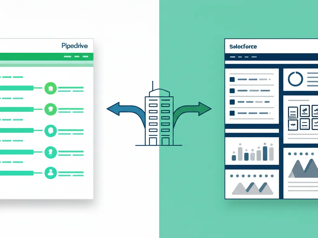 Инфографика, иллюстрирующая Pipedrive против Salesforce CRM сравнение 2025, показывающая ключевые отличия интерфейсов.