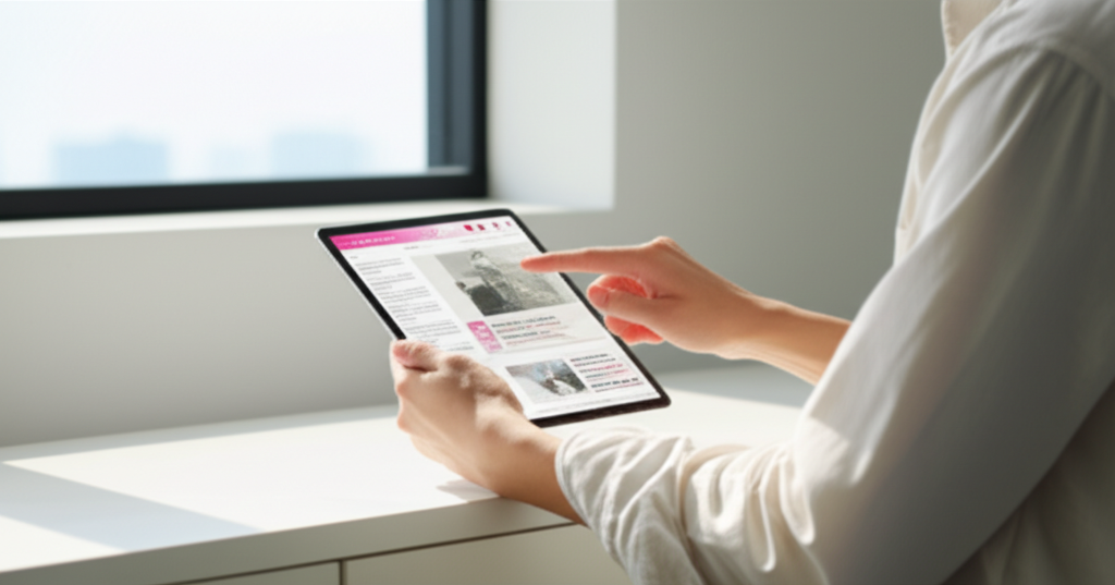 Современный специалист, который читает блоги в 2025 году для профессионального развития в футуристичной обстановке.