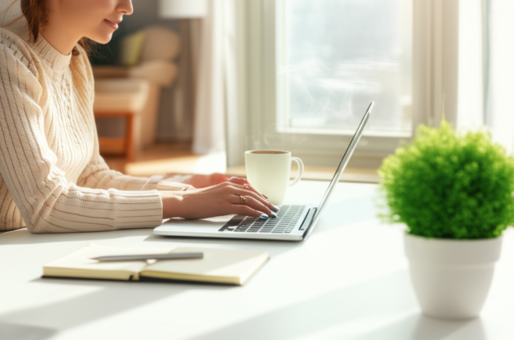 Человек счастливо работает за ноутбуком дома, что показывает, почему лучше работать на себя и иметь свободный график.