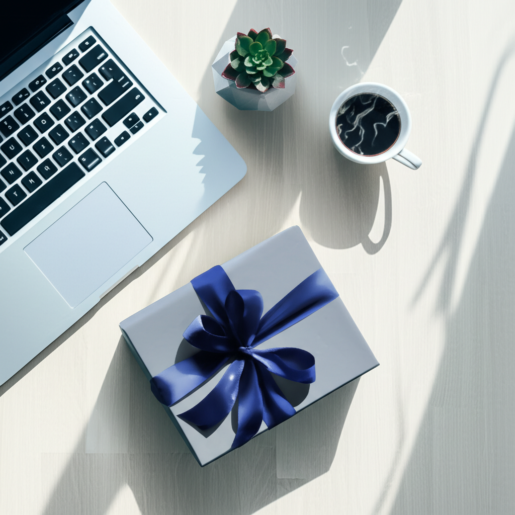 Стильный и продуманный подарок клиенту в красивой упаковке на рабочем столе.