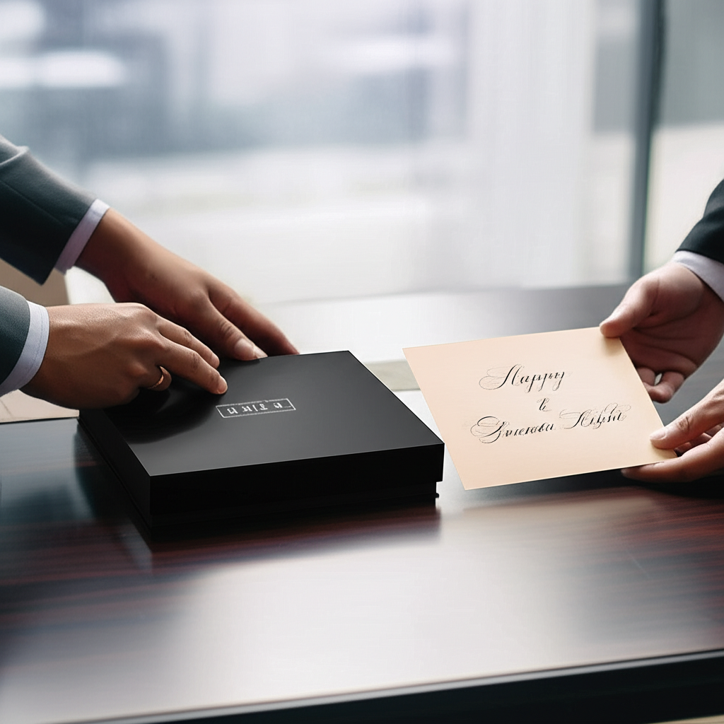 Продуманный деловой подарок заказчику в стильной упаковке на офисном столе
