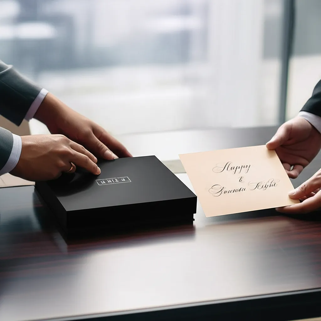 Продуманный деловой подарок заказчику в стильной упаковке на офисном столе