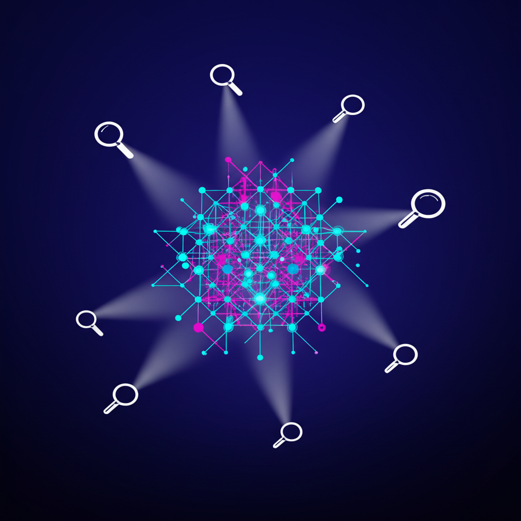 Абстрактная визуализация, иллюстрирующая поиск датасетов в цифровом пространстве.