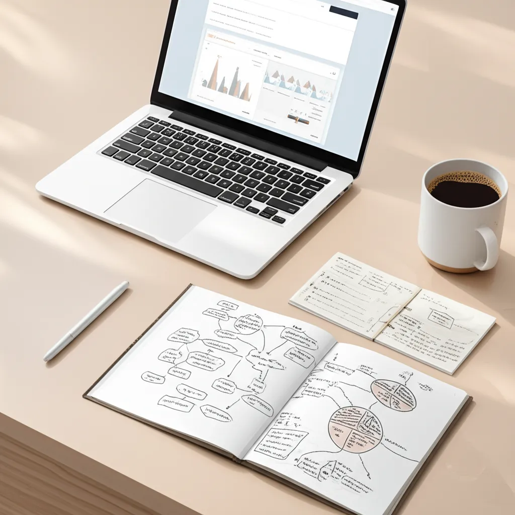 Стратегический подход к теме поиск клиентов фриланс: ноутбук, блокнот и чашка кофе на столе.