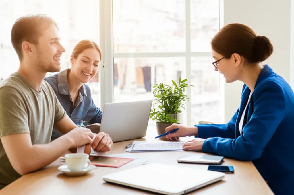 Процесс покупки продажи недвижимости: клиенты и риелтор обсуждают договор