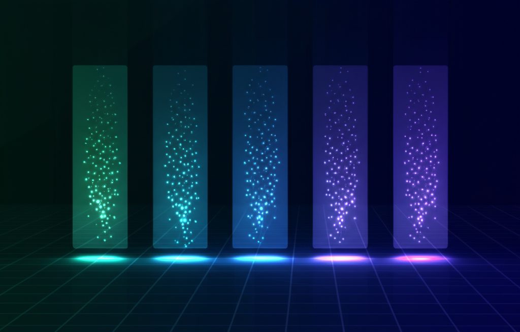 Абстрактная визуализация, где показаны структурированные поля датасета в виде светящихся столбцов.