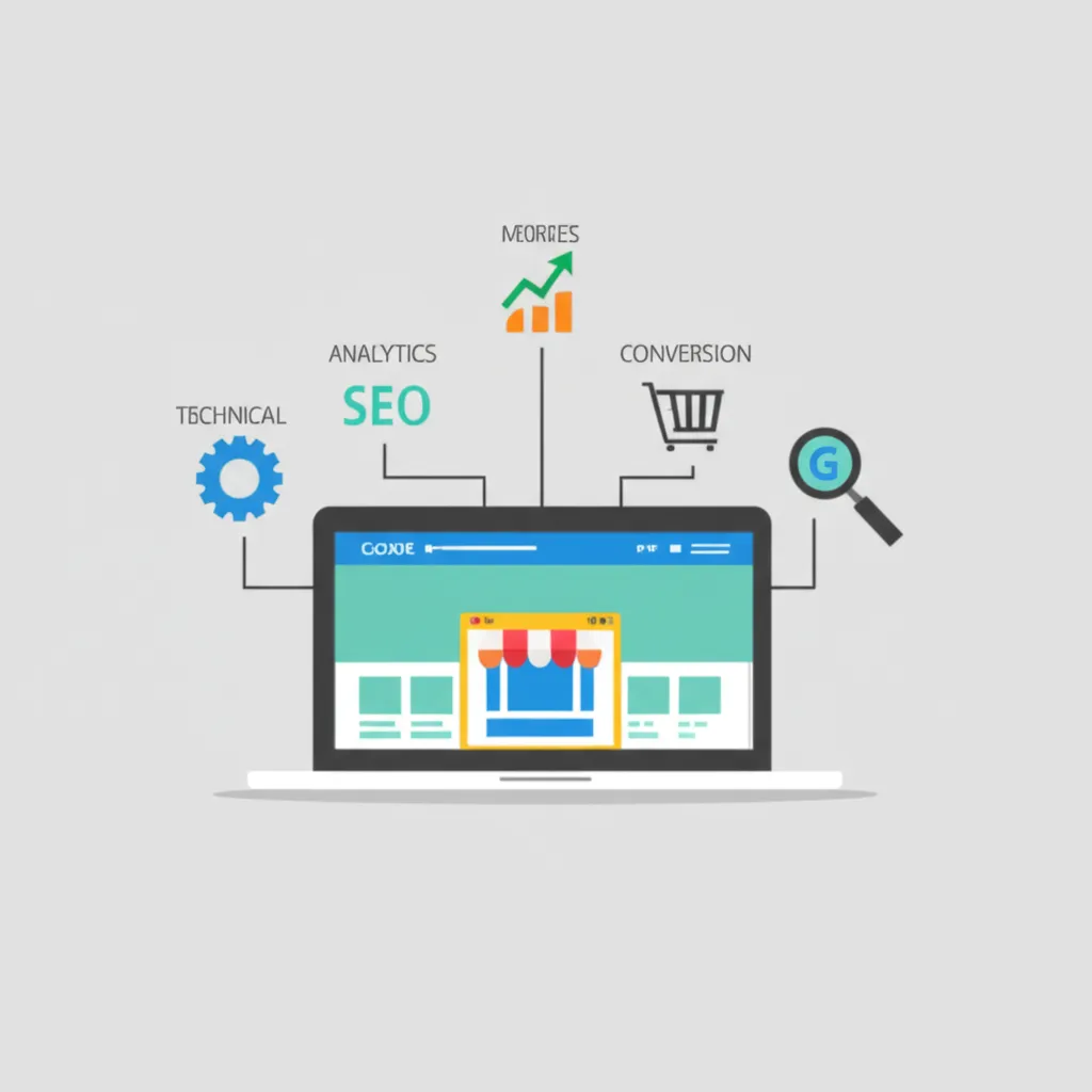 Схематичное изображение, иллюстрирующее этапы, которые включает оптимизация сайта электронной коммерции Google: технические настройки, аналитика и рост позиций.