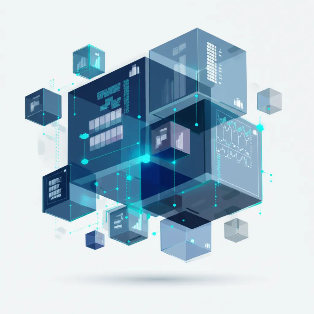 Абстрактная визуализация, иллюстрирующая руководство по b2b данным в виде сети связанных информационных блоков.