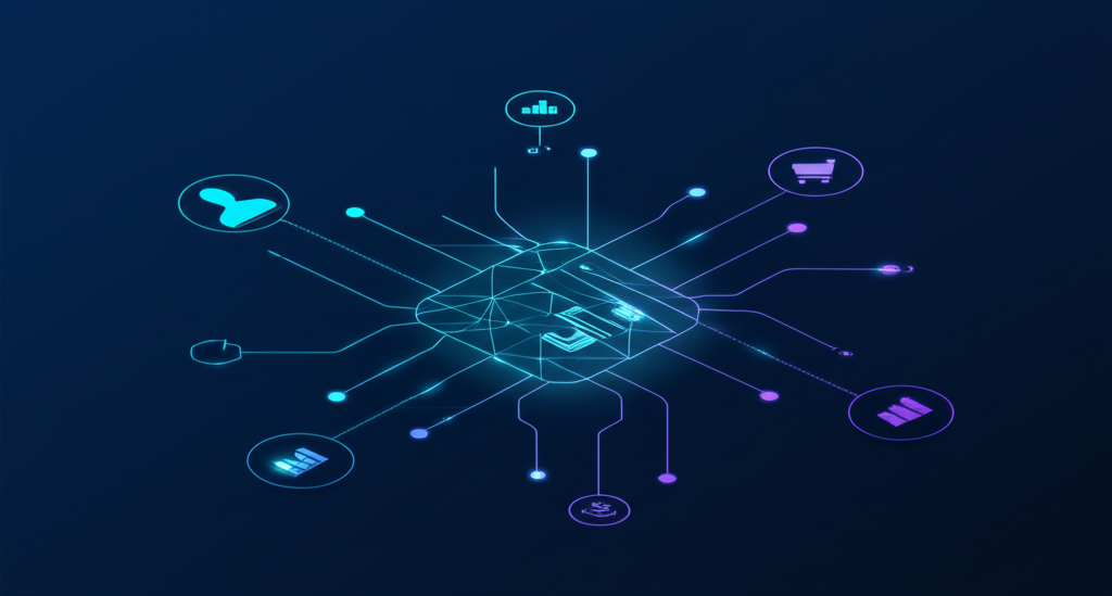 Иллюстрация, которая символизирует полное руководство по программному обеспечению CRM, где данные о клиентах и продажах объединены в единую систему.