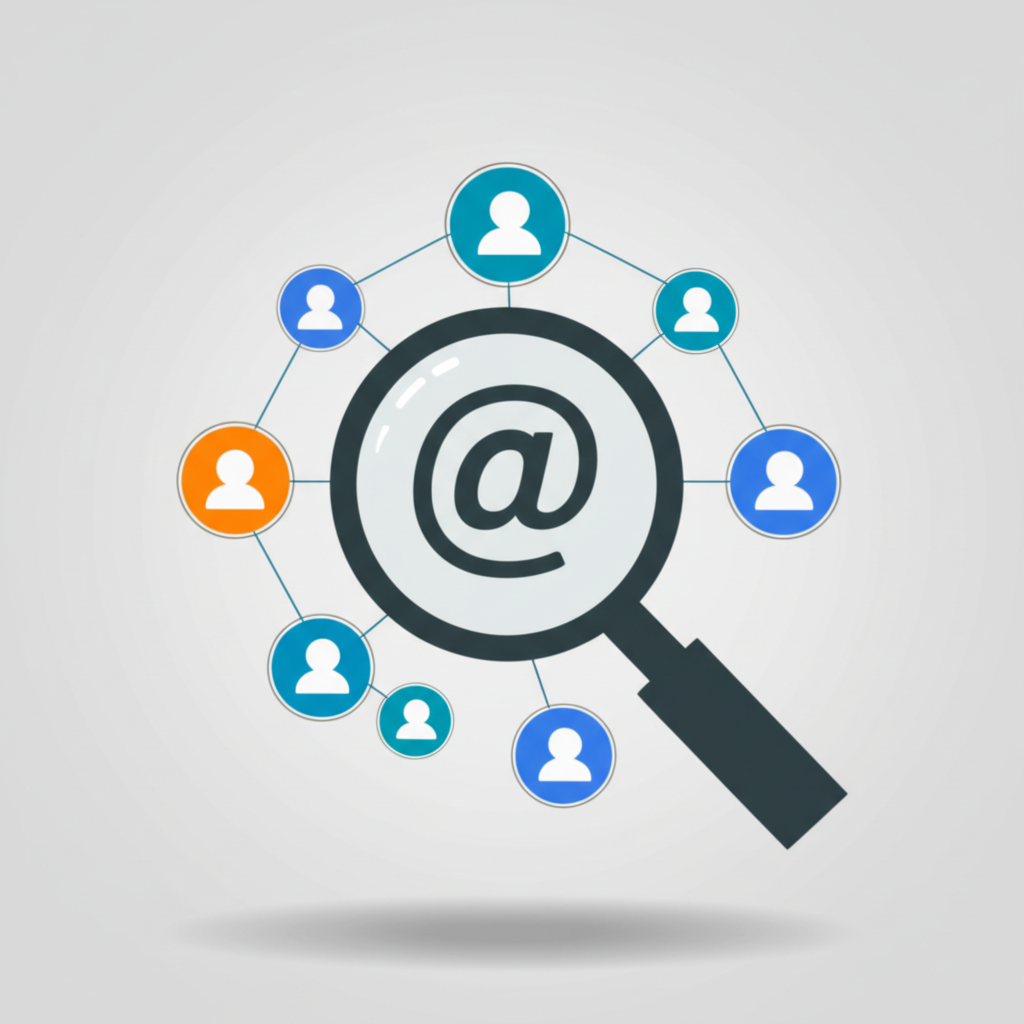 Инфографика, иллюстрирующая поиск электронной почты по имени с помощью онлайн-сервисов.