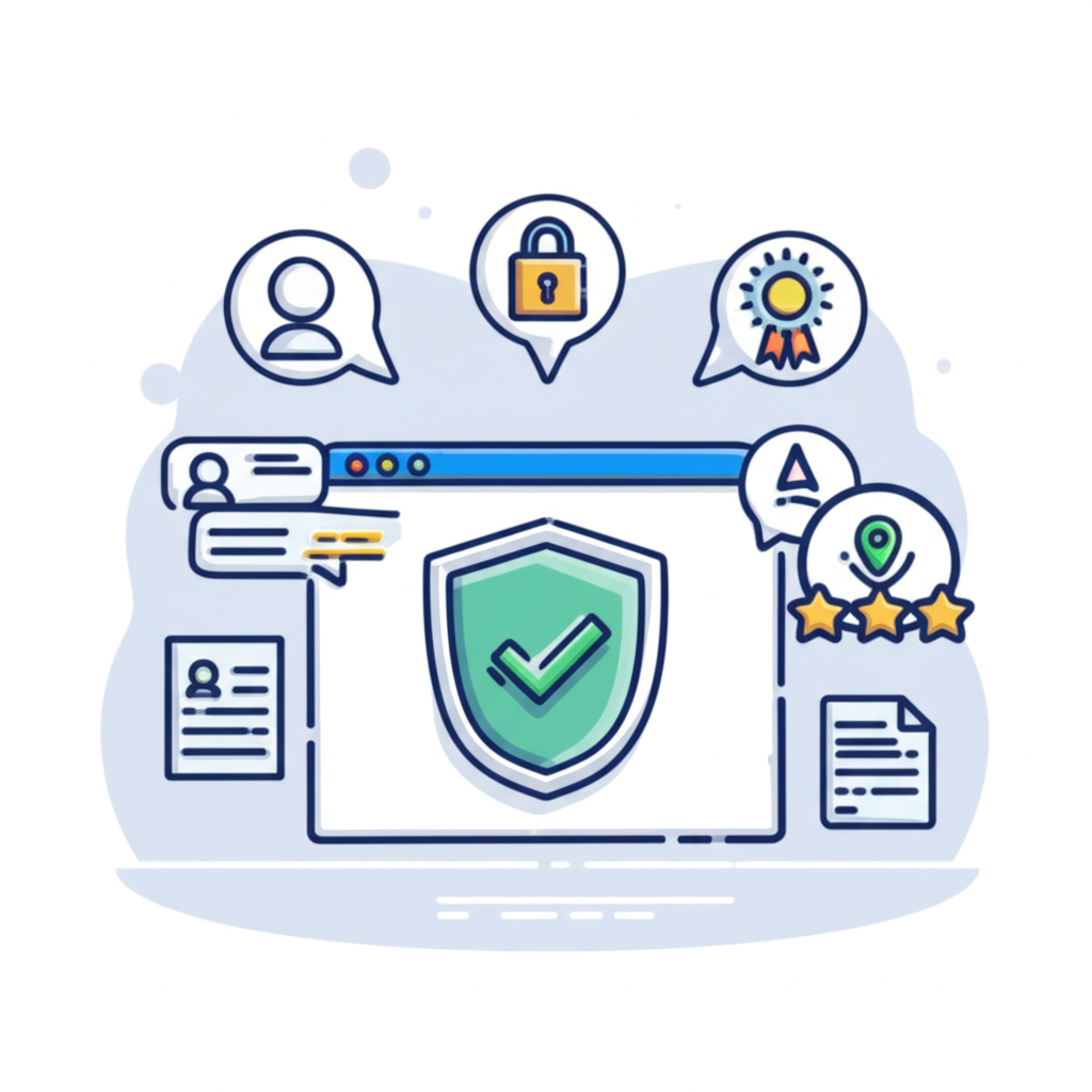 Современная инфографика, иллюстрирующая повышение доверия к сайту через элементы безопасности и социальных доказательств.