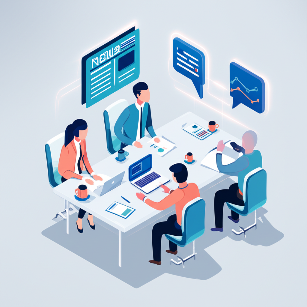 Команда обсуждает стратегию в офисе, инфографика на тему PR-агентства: что делают и как нанять.