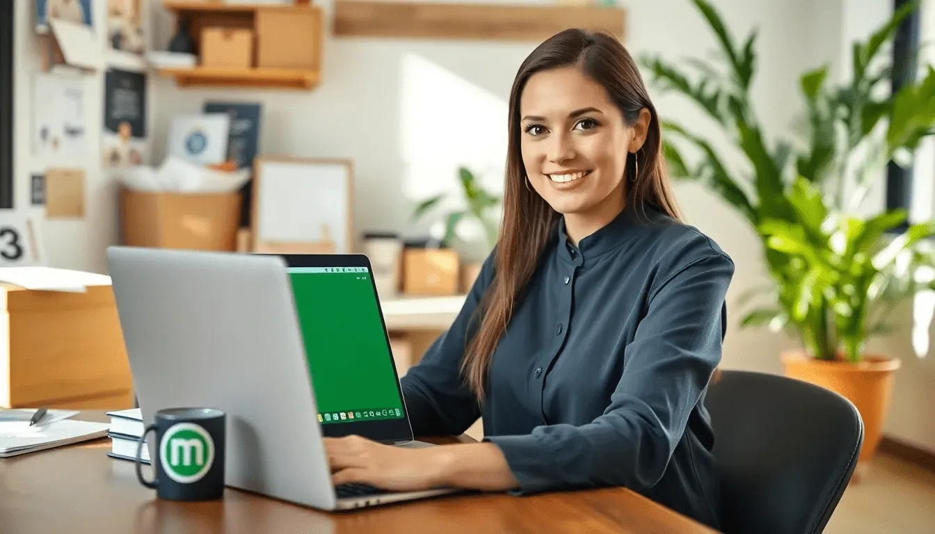 Предприниматель работает за ноутбуком с аналог Windows в уютном офисе малого бизнеса