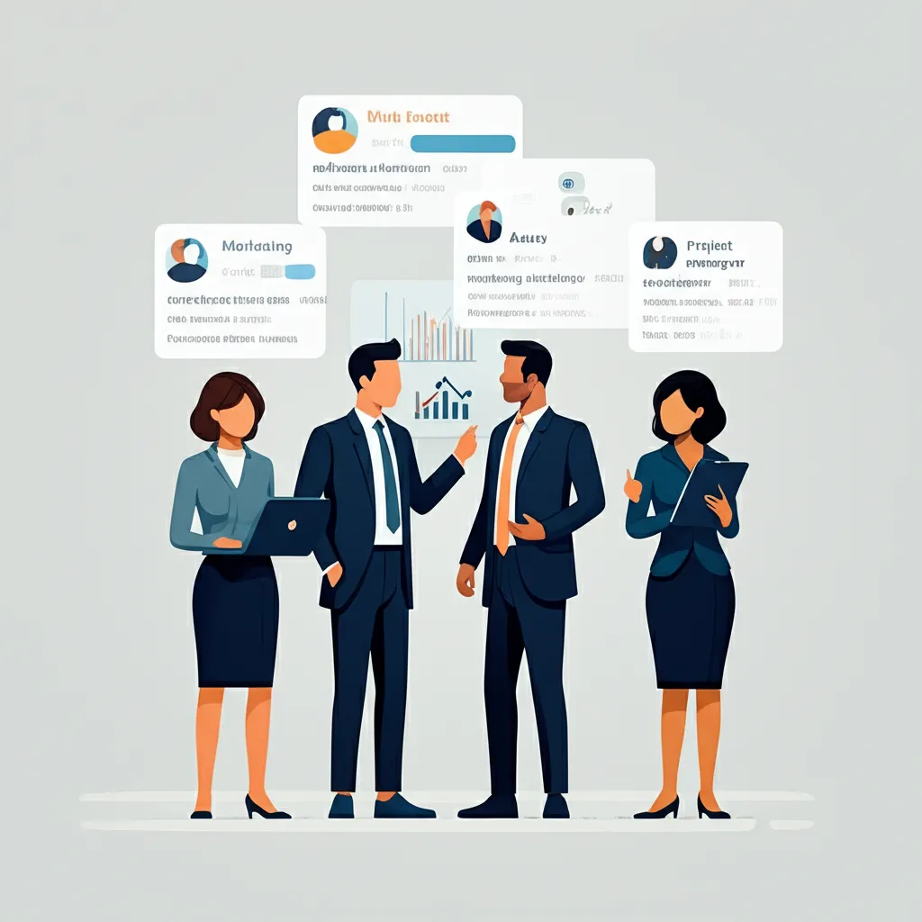 Стилизованное изображение, где показаны примеры профессиональных биографий для разных специалистов.