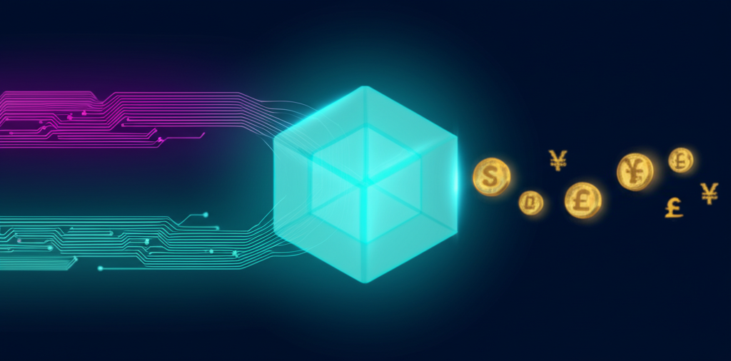 Абстрактная визуализация процесса, где происходит продажа датасетов как цифровых активов.