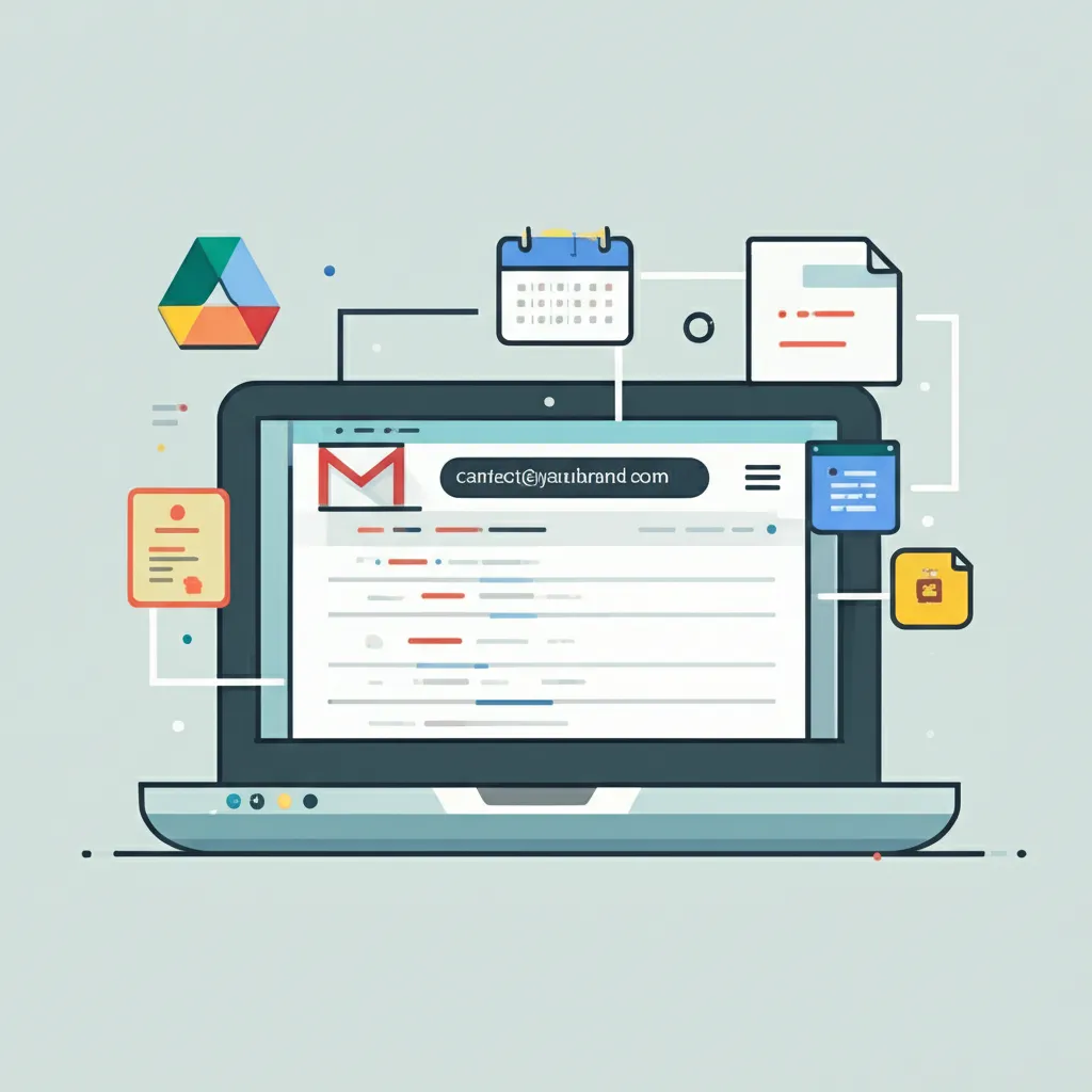 Интерфейс сервиса Профессиональный email Gmail Workspace на экране ноутбука в окружении иконок других приложений Google.