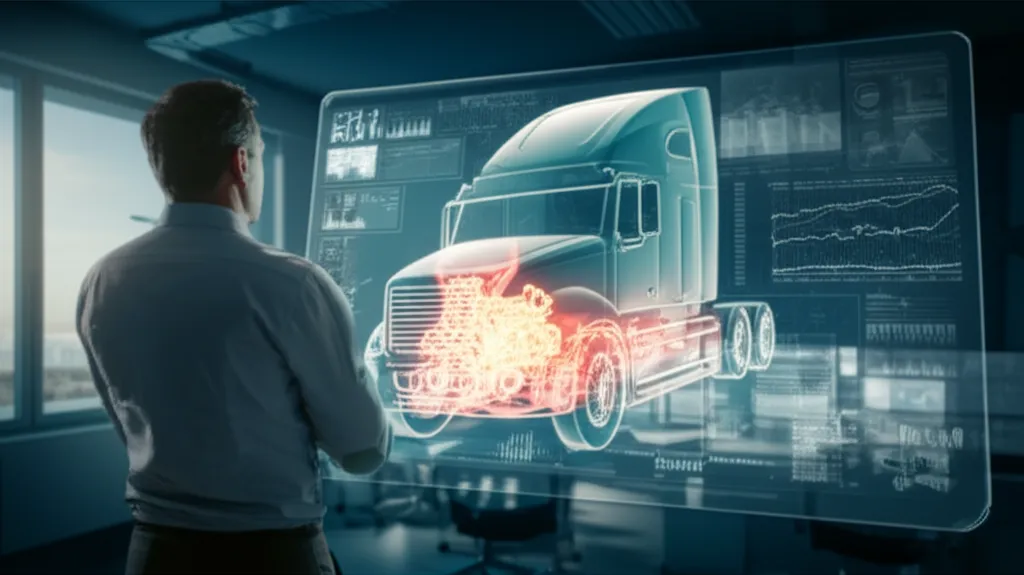 Инфографика, иллюстрирующая прогнозирование поломок автопарка с ml: аналитик изучает данные о состоянии грузовика на цифровом экране.
